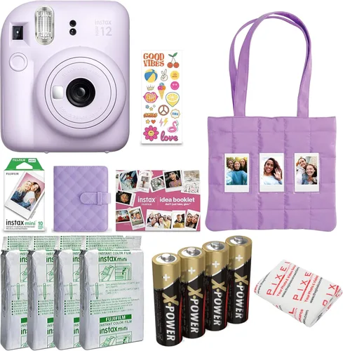 FUJIFILM Instax Mini - Paquete de 12 cámaras de película instantánea (morado lila) con 4 películas instantáneas Instax Mini, paquete de aluminio,