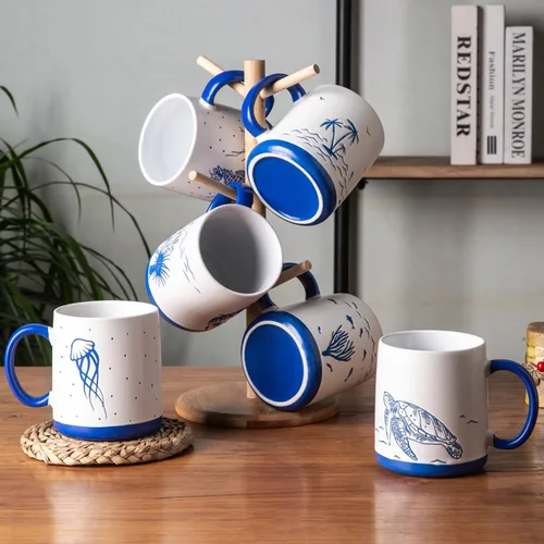 Miniatura 7 de AmorArc Juego de 6 tazas de café grandes de cerámica de 18 onzas con patrones texturizados de Sea Life para té, café con leche y cacao. Fácil