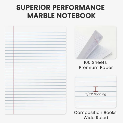 Miniatura 3 de Cuaderno de composición de mármol, paquete de 5 cuadernos de composición a granel con rayas anchas, 100 hojas (200 páginas) 7-1/2 x 9-3/4 pulgadas