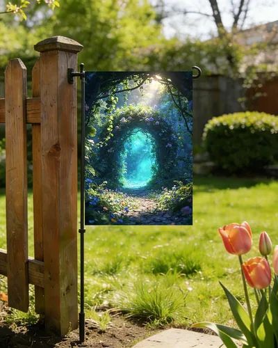 Miniatura 4 de Bandera de paisaje de fantasía, cuento de hadas, bosque, flores, puerta, jardín, patio, 12 x 18 pulgadas, poliéster de doble cara, bandera