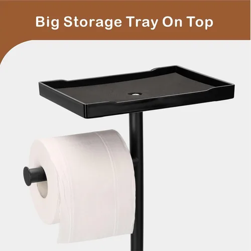 Miniatura 7 de Soporte de papel higiénico independiente con estante para teléfono, capacidad para 5 rollos de papel, soporte para rollo de papel de seda negro