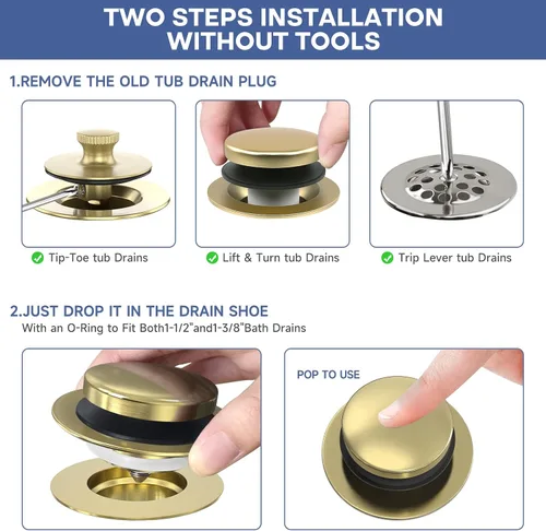 Miniatura 4 de Tapón de bañera de punta mejorada de oro cepillado, tapón universal de drenaje de bañera desplegable, tapones de drenaje de bañera de baño