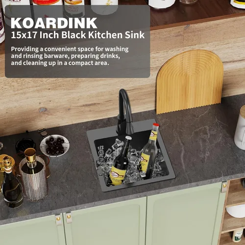 Miniatura 2 de Fregadero Negro de Cocina y Bar, Fregadero de Cocina de Acero Inoxidable de 15 x 17 Pulgadas para Empotrar, Fregadero de Bar Moderno de Un Solo