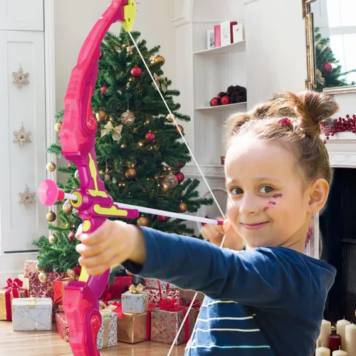 Miniatura 7 de Arco y flecha para niños, juego de tiro con arco con luz LED con capa de princesa y corona, 10 flechas de ventosa, objetivo y carcajes, juguete al