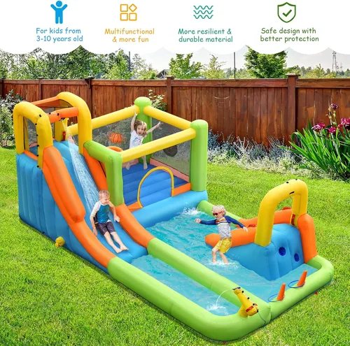 Miniatura 2 de OLAKIDS Tobogán acuático inflable, casa de rebote 7 en 1 con 2 toboganes de escalada de pared, piscina con 2 columnas de anillo, pistola de agua