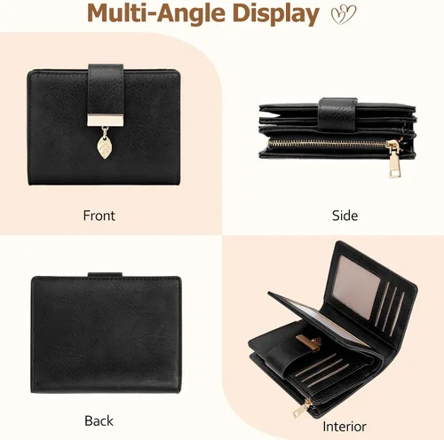Miniatura 7 de HUANLANG Carteras pequeñas para mujer, con bloqueo Rfid, de cuero, plegable, tarjetero para tarjetas de crédito, cartera para mujer, bolsillo