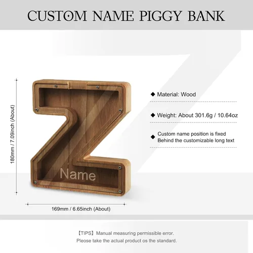 Miniatura 2 de Alcancía con nombre personalizado, 26 letras láser con texto personalizado, banco de monedas de madera, significado educativo, alcancía con nombre