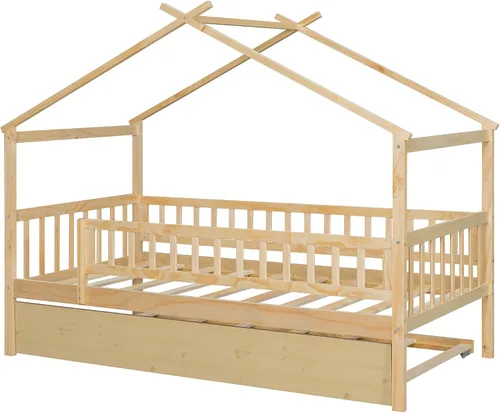 Miniatura 5 de Harper & Bright Designs Cama de madera con nido, marco de cama Platforn para niños de tamaño individual con rieles de valla y techo para niñas