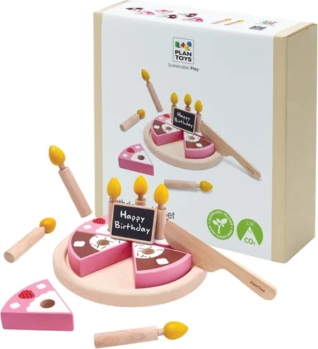 PlanToys Juego de alimentos para fiesta de cumpleaños de dos caras (3488) | Hecho de forma sostenible de madera de goma y pinturas y tintes no Juego