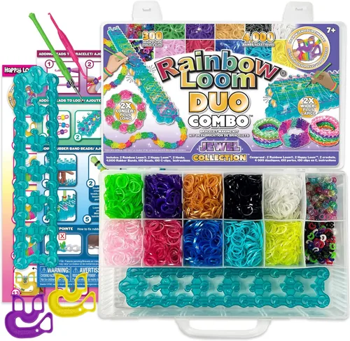 Rainbow Loom® Duo Combo con colección de bandas de goma Jewel, cuenta con 2 que se conectan para hacer creaciones más largas y anchas, un estuche
