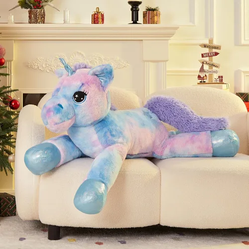 Miniatura 8 de Muiteiur Animal de peluche de unicornio de 31.6 pulgadas, unicornio de peluche grande para niñas, almohada de felpa suave, regalos para niñas y Azul