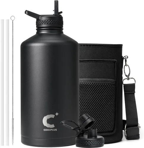 Miniatura 12 de Coolplus - Botella de agua de 32 onzas aislada, termo de agua de acero inoxidable con popote de metal de doble pared al vacío con funda de Negro
