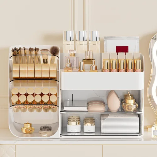 Miniatura 2 de Organizador de Maquillaje con 2 Cajones M y Portacepillos - Estuche de Almacenamiento de Cosméticos para Tocador, Encimera de Baño y Escritorio