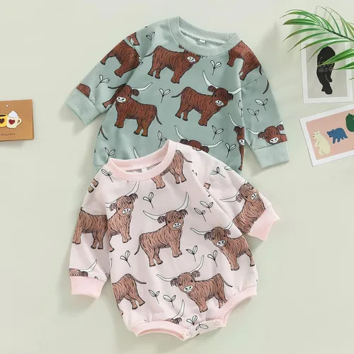 Miniatura 2 de Ropa occidental para bebé, niño, niña, sudadera con estampado de vaca de las tierras altas, mameluco de burbujas, traje de vaquero para bebé