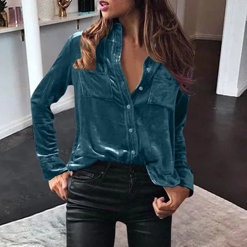Miniatura 3 de Mensch Womens Winter Velvet Long Sleeve Button Down Casual Tops Shirts Winter Oversized Basic Tunic with Pockets