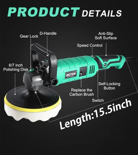 Miniatura 5 de Pulidora de búfer ZOTA, kit de pulidoras y amortiguadores de coche con motor de cobre puro de 1600W de 17,8 cm/15,2 cm, 7 velocidades variables