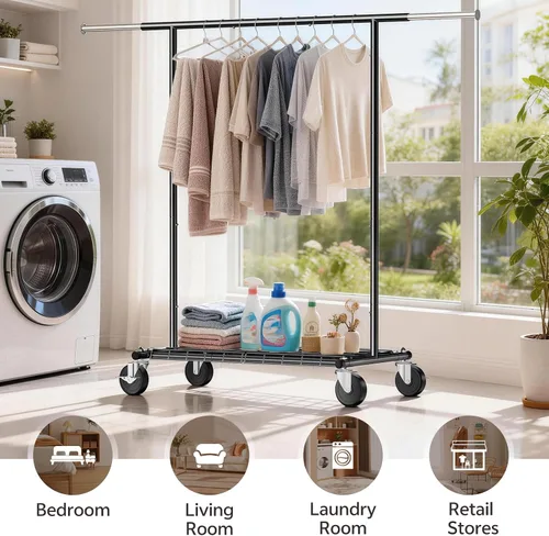 Miniatura 6 de Perchero resistente – Carga de 500 libras, perchero con ruedas y estantes con cerradura, estante extensible para dormitorio, lavandería, sala