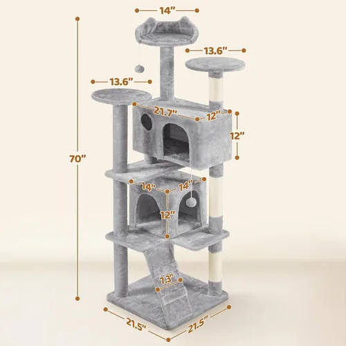 Miniatura 3 de Yaheetech Árbol para Gatos Multinivel de 70 Pulgadas Torre Alta para Gatos Mueble para Gatos con Condominio, Postes Rascadores y Pelota Colgante Gris