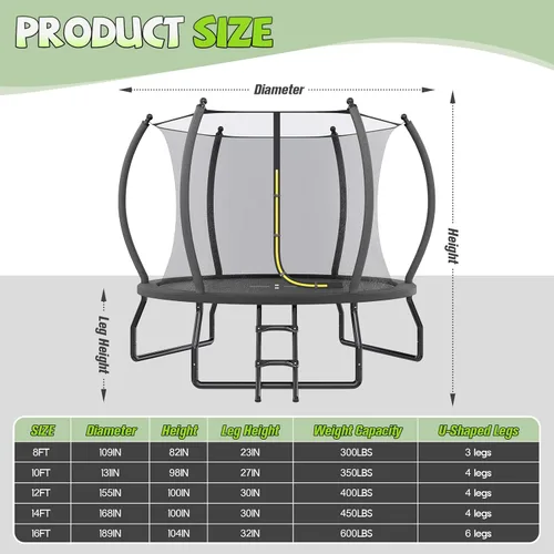 Miniatura 2 de YUMPIE - Trampolín de 8 pies, 10 pies, 12 pies, 14 pies, 15 pies, 16 pies, para exteriores, con red de seguridad y escalera, trampolines recreativos