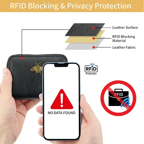 Miniatura 2 de WOZEAH Billetera pequeña para mujeres con bloqueo RFID, cartera para tarjetas de crédito, cartera de acordeón de cuero con cremallera, Negro