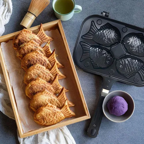 Miniatura 5 de Tissting 8.9 x 14.4 x 1.4 pulgadas Taiyaki Fish 4 bandejas en forma de pastel para hacer gofres, molde doble antiadherente Taiyaki doble bandeja