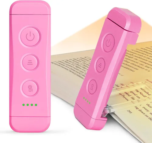 Glocusent Luz de libro recargable por USB, luz de lectura LED portátil con clip, luces de lectura para libros en la cama con 3 colores ámbar y 5 Rosa