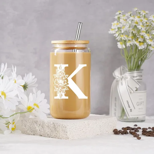 Miniatura 4 de Taza de Vidrio Inicial Coolife, Regalos Personalizados con Monograma para Mujeres, Tazas de Vidrio de 16 oz con Tapas y Popotes, Vaso de Café