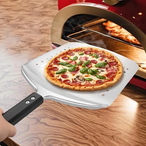 Miniatura 2 de MANJIA Pala perforada de aluminio para pizza de 12 pulgadas, antiadherente, de metal, con cortador basculante (12 x 14 pulgadas), espátula grande