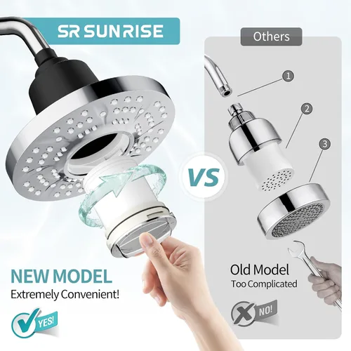 Miniatura 5 de SR SUN RISE Cabezal de ducha filtrado con filtros, filtro de cabezal de ducha de 20 etapas para agua dura, cabezal de ducha de alta presión con Cromo