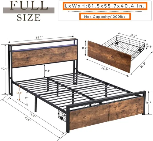 Miniatura 2 de Base de cama de tamaño matrimonial con cajones de almacenamiento y 3 puertos USB, base de cama LED matrimonial con cabecero, plataforma de metal sin