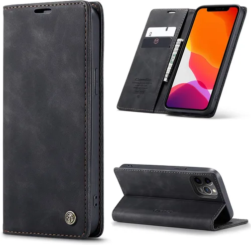 UEEBAI Funda tipo cartera para iPhone 12 Pro Max de 6.7 pulgadas, funda de piel sintética de alta calidad, estilo vintage, mate, con tapa para Negro