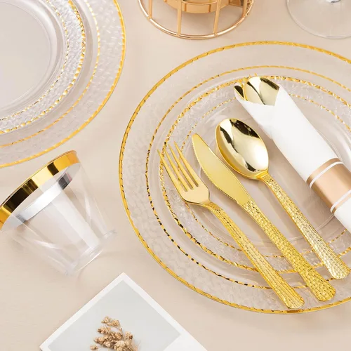 Miniatura 3 de Bestluck 350 piezas de platos de plástico transparentes con ribete dorado para 50 invitados, juego de vajilla desechable para fiesta y boda