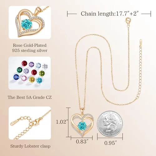 Miniatura 108 de LOUISA SECRET Love Heart Birthstone Necklaces for Women, Birthday Gift for Women, Anniversary Jewelry for Wife Her, 925 Sterling Silver Pendant