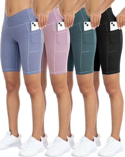 WHOUARE Paquete de 4 pantalones cortos de yoga con bolsillos para mujer, cintura alta, atléticos, correr, entrenamiento, gimnasio, control de abdomen