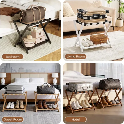 Miniatura 7 de oakvivo Portaequipajes negro totalmente montado para habitación de invitados, soporte plegable de bambú para maleta con 5 correas de nailon, soporte