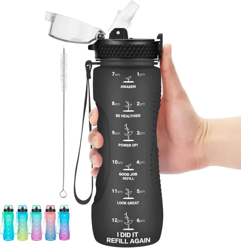 Miniatura 14 de Botella de agua motivacional para niños de 24 onzas con marcador de tiempo, tapa de pajilla, a prueba de fugas, botella de agua deportiva Tritan sin