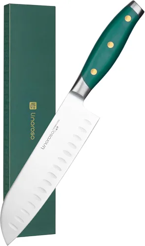linoroso Santoku - Cuchillo de chef de cocina de carne de 7 pulgadas con caja de regalo premium, cuchillos de verduras de acero inoxidable de alto