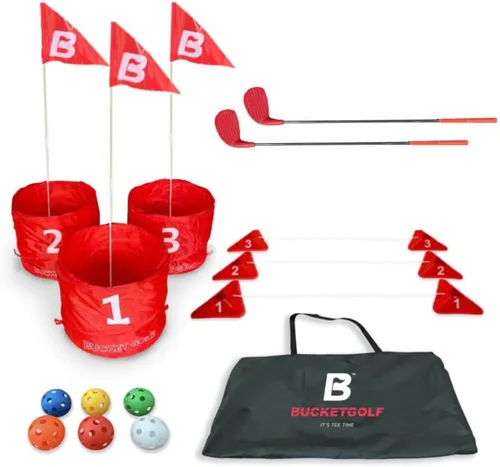 bucketgolf Juego Original de Viaje de 3 Hoyos – Juego de Golf #1 para Patio Trasero para Adultos. Ideal para Patio, Playa, Parque, Campamento y