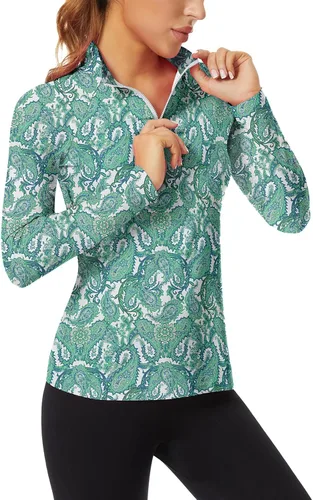 Miniatura 156 de WOWENY Camiseta deportiva de manga larga para mujer, con cremallera de un cuarto, cuello para entrenamiento, camiseta de tenis con estampado