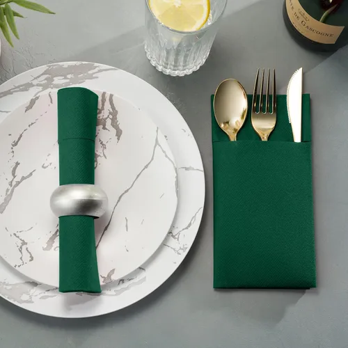Miniatura 4 de Paquete de 50 servilletas desechables de lino con bolsillo integrado para cubiertos, tela preplegada verde como servilletas de papel para Navidad