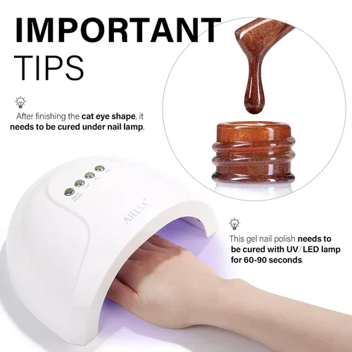 Miniatura 4 de AILLSA - Esmalte de uñas de gel ojo de gato color marrón con purpurina dorada con imán, esmalte de uñas de gel ámbar destello nude con cristales