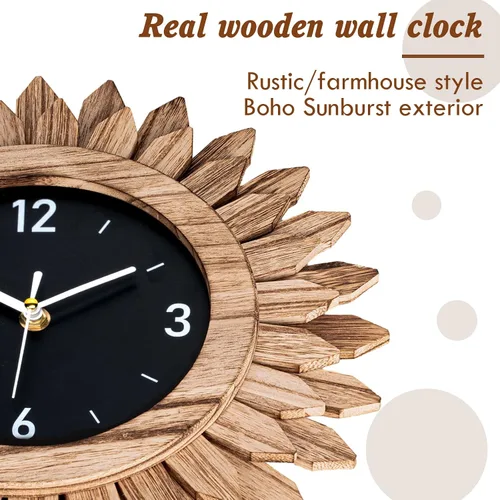 Miniatura 2 de Honiway Reloj de pared a pilas de 12 pulgadas, de madera rústica, bohemio, con diseño sunburst, reloj de pared decorativo silencioso sin tictac