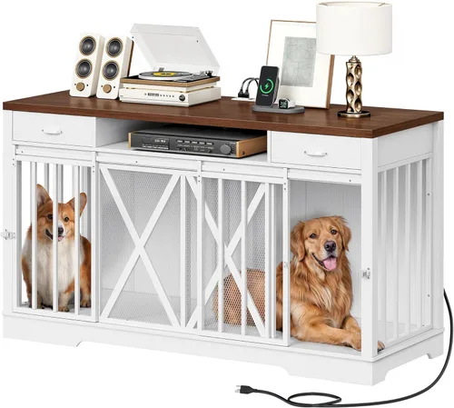 Miniatura 9 de DWVO Muebles de jaula doble de 60 pulgadas para 2 perros, soporte de TV de jaula de perro de madera resistente con divisor removible y cajones