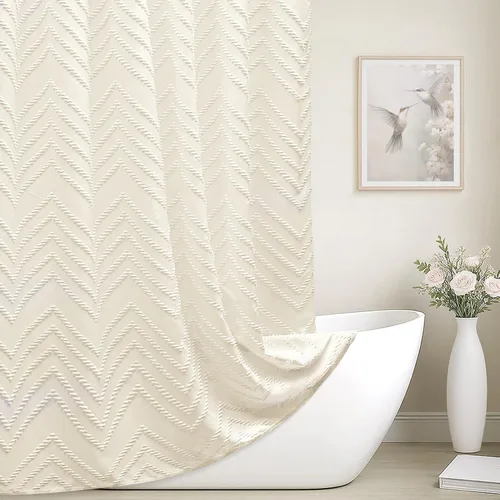Miniatura 28 de Cortina de ducha bohemia beige de 72 x 72 pulgadas, moderna cortina de ducha estilo granja, bohemio, elegante, con textura de cheurón, cortinas
