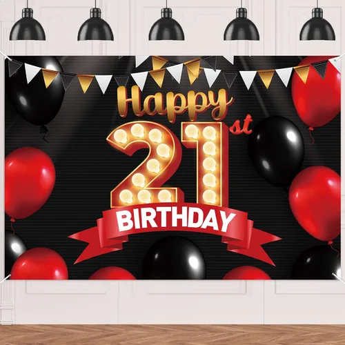 Miniatura 18 de FlagY-Bn-14 - Cartel de feliz cumpleaños número 14, decoración de pancarta negra, telón de fondo dorado, globos rojos y negros, decoración temática
