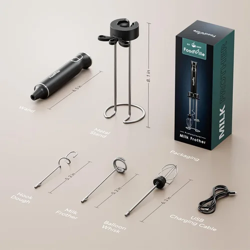 Miniatura 8 de FoodVille MF06 Espumador de leche recargable de 1800 Mah con 9 velocidades y 3 espumadores, pantalla LED, soporte de almacenamiento, para espuma