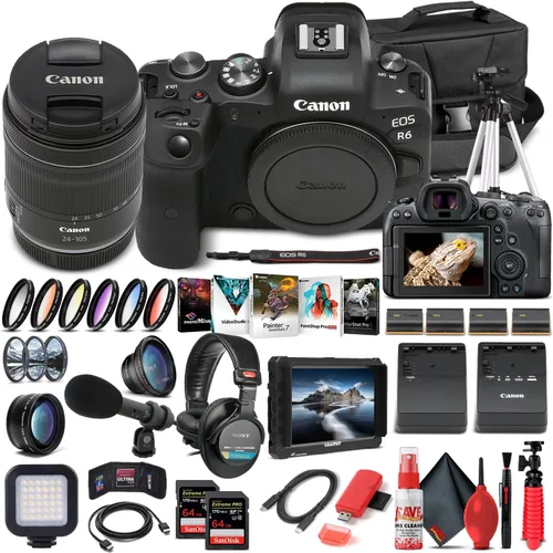 Canon Cámara digital sin espejo EOS R6 con lente f/4-7.1 de 0.945-4.134 in (4082C022), monitor 4K, auriculares Pro, micrófono profesional, 2