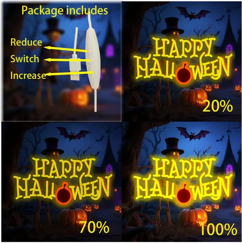 Miniatura 3 de Letrero de neón de feliz Halloween, letrero de bienvenida de LED para puerta delantera/recámara/hogar/patio, alimentado por USB, 16.5×8.6 pulgadas