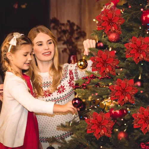 Miniatura 5 de Vanleonet 12 flores de Pascua artificiales con purpurina, decoraciones de flores de Navidad, adornos de árbol de nochebuena con purpurina