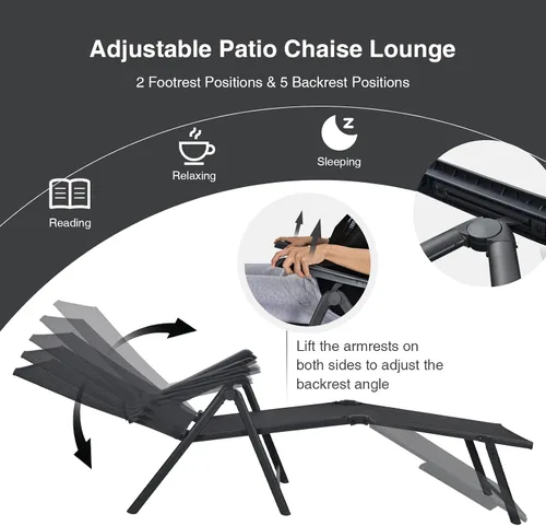 Miniatura 4 de Giantex Sillón de patio plegable, tumbona para tomar el sol al aire libre con respaldo de 5 posiciones, reposapiés de 2 posiciones, marco de acero